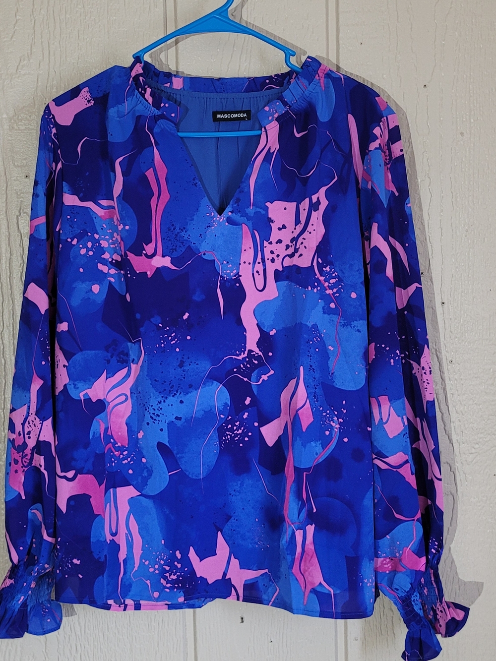 Mascioboga Blue & Pink Abstract V-Neck Blouse